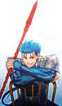  blue_hair chair earrings fang fate/stay_night fate_(series) gae_bolg grin highres iduki_daku jewelry lancer long_hair male_focus pauldrons polearm ponytail red_eyes smile solo spear weapon 