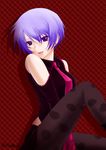  bare_shoulders blue_hair chaos;head earrings eyeshadow jewelry kishimoto_ayase lipstick looking_at_viewer makeup necktie pantyhose pink_lipstick print_legwear purple_eyes robber-krzk short_hair sitting smile solo 