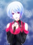  bare_shoulders blue_hair chaos;head cross earrings eyeshadow jewelry kishimoto_ayase lipstick looking_at_viewer makeup microphone nail_polish necktie purple_eyes purple_lipstick ring robber-krzk short_hair smile snowflakes solo 