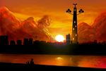  building city cloud cosmo_(465lilia) dark gen_1_pokemon gen_2_pokemon pikachu pokemon pokemon_(creature) red_(pokemon) sitting sky smile sudowoodo sun sunset 