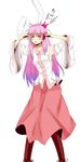  absurdres animal_ears armpits blush bunny_ears bunny_hair_ornament closed_eyes cosplay cross-laced_footwear detached_sleeves hair_ornament highres kochiya_sanae kochiya_sanae_(cosplay) long_hair open_mouth pink_hair reisen_udongein_inaba solo sweatdrop touhou wide_sleeves 