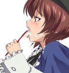  artist_request brown_eyes brown_hair brushing_teeth cum cum_in_mouth cum_on_tongue facial hat ribbon rozen_maiden short_hair simple_background souseiseki tongue tongue_out toothbrush 
