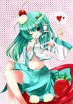  absurdres blush cherry cream detached_sleeves food frog_hair_ornament fruit green_eyes green_hair hair_ornament hair_tubes highres kochiya_sanae long_hair navel one_eye_closed oumi_hi snake_hair_ornament solo touhou wide_sleeves 