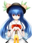  bad_id bad_pixiv_id blue_hair food fruit hat highres hinanawi_tenshi long_hair looking_at_viewer peach red_eyes simple_background smile solo sword_of_hisou touhou upper_body very_long_hair x&amp;x&amp;x 