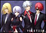  3boys bare_shoulders blonde_hair blue_eyes blue_hair chaos;head choker cross earrings eyeshadow formal jewelry kishimoto_ayase lipstick looking_at_viewer makeup multiple_boys navel necktie purple_eyes purple_lipstick red_eyes red_hair robber-krzk short_hair silver_hair smile suit sunglasses 