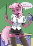  anthro anthrofied book breasts chalkboard cheerilee_(mlp) clothing cutie_mark desk dialog english_text equine female friendship_is_magic green_eyes hair horse legwear lipstick mammal my_little_pony pointer pony shepherd0821 shirt skirt solo standing stockings teacher text two_tone_hair 