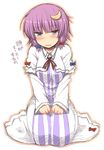  alternate_hair_length alternate_hairstyle blush crescent crescent_hair_ornament hair_ornament kneeling lockheart no_hat no_headwear patchouli_knowledge purple_eyes purple_hair short_hair simple_background sketch solo striped tears touhou translated white_background 