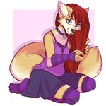  brown_fur canine clothed clothing collar corsac_fox cute female fluffy_tail fox fur hair kitsune_suzzo kneeling legwear looking_at_viewer mammal red_hair skirt smile solo stockings strawberryneko 