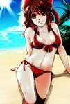  arm_support bad_id bad_pixiv_id bare_legs bare_shoulders beach bikini bow breasts brown_eyes brown_hair cleavage cloud collarbone day fujii_mochi hair_bow hair_tubes hakurei_reimu highres long_hair looking_at_viewer medium_breasts navel ocean outdoors red_bikini sitting smile solo sun swimsuit touhou 