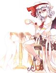  ascot bad_id bad_pixiv_id chair cup flower hat hat_ribbon highres open_mouth puffy_sleeves red_eyes remilia_scarlet ribbon rose saionji_yuri short_hair short_sleeves silver_hair sitting solo table teacup thighhighs touhou wrist_ribbon 