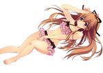  absurdres barefoot bikini brown_hair carnelian covering covering_crotch frilled_bikini frills highres legs long_hair mix! navel otoko_no_ko purple_eyes simple_background suwa_ranmaru swimsuit 