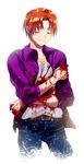  backlighting bad_id bad_pixiv_id blood closed_eyes fate/zero fate_(series) haruno_(kanimeshi) jacket knife male_focus purple_jacket red_hair smile solo tears uryuu_ryuunosuke 