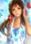  axis_powers_hetalia bare_shoulders black_hair brown_eyes brown_hair dark_skin dress flower hair_ribbon head_tilt long_hair looking_at_viewer lotus_(elico) realistic ribbon seychelles_(hetalia) sleeveless smile solo twintails 