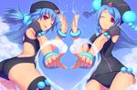  ;) ass bad_id bad_pixiv_id bangle black_legwear blue_hair bracelet braid cape hair_bobbles hair_ornament hat heart high_five jewelry long_hair looking_at_viewer multiple_girls nail_polish one-piece_swimsuit one_eye_closed original outstretched_arms piro_(orip) red_eyes smile swimsuit thighhighs tongue twin_braids water 