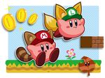  blush blush_stickers brick coin company_connection copy_ability dual_persona flower fox_ears hat kirby kirby_(series) leaf mario_(series) no_humans open_mouth raccoon_ears sakuramochi_(nindoro) smile super_mario_bros. tail 