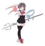  asymmetrical_wings black_hair black_legwear dress houjuu_nue microdress mitsumoto_jouji pointy_ears polearm red_eyes short_hair simple_background sketch smile solo thighhighs touhou trident underbust weapon white_background wings zettai_ryouiki 