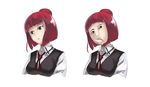  bangs blunt_bangs ecce_homo green_eyes miyamori_school_uniform parody red_hair saki school_uniform short_hair simple_background solo toritori usuzawa_sae white_background 