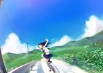  bad_id bad_pixiv_id balancing black_hair blue_sky cloud day field grass grin guard_rail hill landscape long_hair midriff mountain on_vehicle original outdoors outstretched_arms perspective pleated_skirt power_lines road scenery school_uniform senni shadow skirt sky smile solo spread_arms squatting telephone_pole valley 