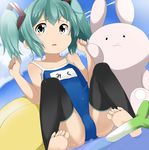  aqua_eyes aqua_hair bad_id bad_pixiv_id barefoot competition_school_swimsuit feet hatsune_miku looking_at_viewer name_tag one-piece_swimsuit school_swimsuit short_hair short_twintails sitting soles solo stuffed_animal stuffed_toy swimsuit tamakorogashi tears thighhighs toeless_legwear twintails vocaloid water younger 