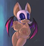  bat big_breasts big_ears black_nose breasts collar female green_eyes looking_at_viewer makeup mammal navel nipples nude pussy rouge_the_bat sega sif simple_background smile solo sonic_(series) standing thighs voluptuous white wide_hips wings 