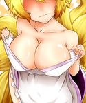  apron bare_shoulders blonde_hair breasts cleavage fox_tail highres large_breasts multiple_tails naked_apron shaded_face short_hair smile solo tail touhou yakumo_ran yuuki_(yukigeshou_hyouka) 