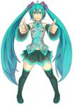  aqua_eyes aqua_hair black_legwear blush detached_sleeves foreshortening hatsune_miku long_hair looking_at_viewer outstretched_arms simple_background skirt smile solo thighhighs thumbs_up twintails very_long_hair vocaloid white_background yuuji_(and) 