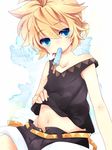  androgynous bad_id bad_pixiv_id blonde_hair blue_eyes food highres kagamine_len leeannpippisum looking_at_viewer male_focus mouth_hold navel otoko_no_ko popsicle shirt_lift short_hair shorts sitting solo unzipped vocaloid 