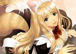  :d absurdres animal_ears blonde_hair breast_press breasts cleavage from_above green_eyes highres large_breasts long_hair looking_up lorna_(shining_hearts) maid maid_headdress open_mouth shining_(series) shining_hearts smile solo tail tanaka_takayuki 