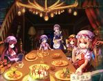  apron ascot bat_wings blonde_hair blue_hair book bow braid cake chair chandelier check_translation crescent flandre_scarlet food green_eyes grey_eyes grey_hair hair_bow hat highres hong_meiling izayoi_sakuya long_hair maid_headdress multiple_girls patchouli_knowledge purple_eyes purple_hair red_eyes red_hair remilia_scarlet short_hair side_ponytail sitting stairs star touhou translated translation_request twin_braids waist_apron wings wrist_cuffs zerii_(cdcdqqq) 