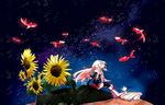  area-b_(artist) bad_id bad_pixiv_id boots fish flower goldfish ia_(vocaloid) long_hair looking_away looking_up night pink_hair skirt sky solo star_(sky) starry_sky sunflower very_long_hair vocaloid 