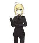  artoria_pendragon_(all) bad_id bad_pixiv_id black_gloves blonde_hair blue_eyes fate/zero fate_(series) formal gloves necktie okome_(amehare) pant_suit ponytail saber solo suit 