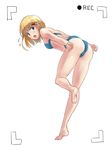  aislinn_wishart ass bangs barefoot behind_ear bikini blonde_hair blue_bikini blue_eyes leg_up looking_back marker recording saki smile solo swimsuit toritori viewfinder 