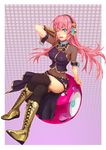  ;d arm_support black_legwear blue_eyes blush boots crossed_legs headphones knee_boots long_hair looking_at_viewer megurine_luka navel one_eye_closed open_mouth pink_hair polka_dot polka_dot_background sitting smile solo thighhighs vocaloid yuuji_(and) 