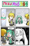  4koma ? ahoge akita_neru black_legwear blonde_hair catstudioinc_(punepuni) cellphone color_drain comic detached_sleeves glowing glowing_eyes green_eyes green_hair hair_ribbon hatsune_miku highres long_hair mikudayoo multiple_girls necktie necktie_grab neckwear_grab open_mouth parody phone ribbon shirt side_ponytail skirt sweat thai thighhighs translated twintails vocaloid yellow_eyes zettai_ryouiki 