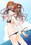  bikini black_bikini blue_eyes brown_hair food holding md5_mismatch mouth_hold original popsicle ribbon solo swimsuit thong_bikini twintails wrist_ribbon yadapot 