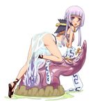  all_fours arched_back ass bangs bare_shoulders blunt_bangs bracelet jewelry kawagoe_pochi looking_back no_panties open_mouth purple_eyes purple_hair ragnarok_online sandals see-through solo sorcerer_(ragnarok_online) tentacles 