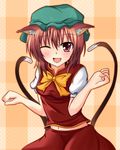  animal_ears blush bow brown_eyes brown_hair cat_ears cat_tail chen earrings fang hat highres jewelry multiple_tails naba_(take_tonbo) navel one_eye_closed open_mouth puffy_sleeves short_hair short_sleeves solo tail touhou 