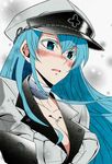  akame_ga_kill! aqua_hair bandages blue_eyes blush breasts choker cleavage colorized esdeath hat highres large_breasts long_hair military military_uniform non-web_source open_clothes peaked_cap solo tattoo uniform 