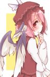  animal_ears bad_id bad_pixiv_id blush embarrassed hand_on_own_face hat long_sleeves looking_back mystia_lorelei pikojirokurao pink_hair profile red_eyes red_hair short_hair shy solo touhou wings 