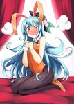  @_@ alternate_costume animal_ears black_legwear blue_hair blush bunny_ears bunnysuit detached_collar embarrassed food fruit hat high_heels hinanawi_tenshi iwanori long_hair looking_at_viewer pantyhose peach red_eyes shoes solo tears touhou wrist_cuffs 