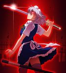  apron aura glint glowing glowing_eye hayashi_custom izayoi_sakuya katana light_trail looking_back maid maid_headdress parted_lips red_eyes scabbard sheath short_sleeves silver_hair solo sword thighhighs touhou waist_apron weapon 