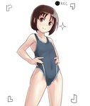  brown_eyes brown_hair flat_chest hands_on_hips kakura_kurumi navel one-piece_swimsuit recording saki school_swimsuit short_hair simple_background smile solo swimsuit toritori viewfinder white_background 