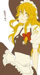  apron arms_behind_back blonde_hair bow braid character_name hair_bow hat kirisame_marisa long_hair puffy_sleeves short_sleeves side_braid simple_background single_braid smile solo toma_(me666nm) touhou white_background yellow_eyes 
