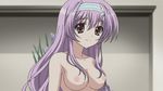  1girl amaha_miu animated animated_gif blush breasts covering embarrassed large_breasts mashiroiro_symphony navel nipples nude purple_eyes purple_hair 