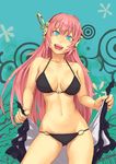  :d bikini blue_eyes breasts cleavage contrapposto halterneck headphones large_breasts long_hair megurine_luka o-ring o-ring_bottom o-ring_top open_mouth pink_hair smile solo standing swimsuit vocaloid yuuji_(and) 