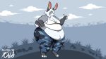  anthro barefoot belly belly_overhang big_belly big_butt butt camo cloud detailed_background eyelashes female fur grey_fur hair huge_butt lagomorph mammal midriff obese obese_female outside overweight overweight_female pointing purple_eyes rabbit sky solo standing thefoxbro thick_thighs wide_hips 