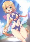  :d absurdres blonde_hair blush breasts cameltoe cleavage copyright_request cropped green_eyes highres large_breasts leg_up light_rays long_hair nanase_meruchi navel one-piece_swimsuit open_mouth sandals scan smile solo sunbeam sunlight swimsuit torn_clothes torn_swimsuit 
