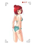  1girl adjusting_clothes adjusting_swimsuit aqua_eyes aqua_swimsuit ass bangs bikini blunt_bangs frilled_bikini frills looking_back recording red_hair saki short_hair simple_background solo swimsuit toritori usuzawa_sae viewfinder white_background 