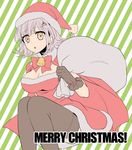  :o breasts christmas cleavage danganronpa flipped_hair hat large_breasts merry_christmas nanami_chiaki open_mouth purple_hair sack santa_costume santa_hat solo striped striped_background super_danganronpa_2 suzuka_(rekkyo) thighhighs yellow_eyes 