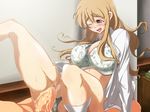  1girl blonde_hair blue_eyes bra breasts censored clitoris clothed_sex cowgirl cowgirl_position girl_on_top highres huge_breasts huge_penis k-on! kotobuki_tsumugi large_penetration legs long_hair open_clothes open_mouth open_shirt panties panties_aside penetration penis pussy reverse_cowgirl_position sex shirt sitting sitting_on_person socks solo_focus straddle straddling sweat tsubooi underwear vaginal white_bra white_legwear white_socks wink 